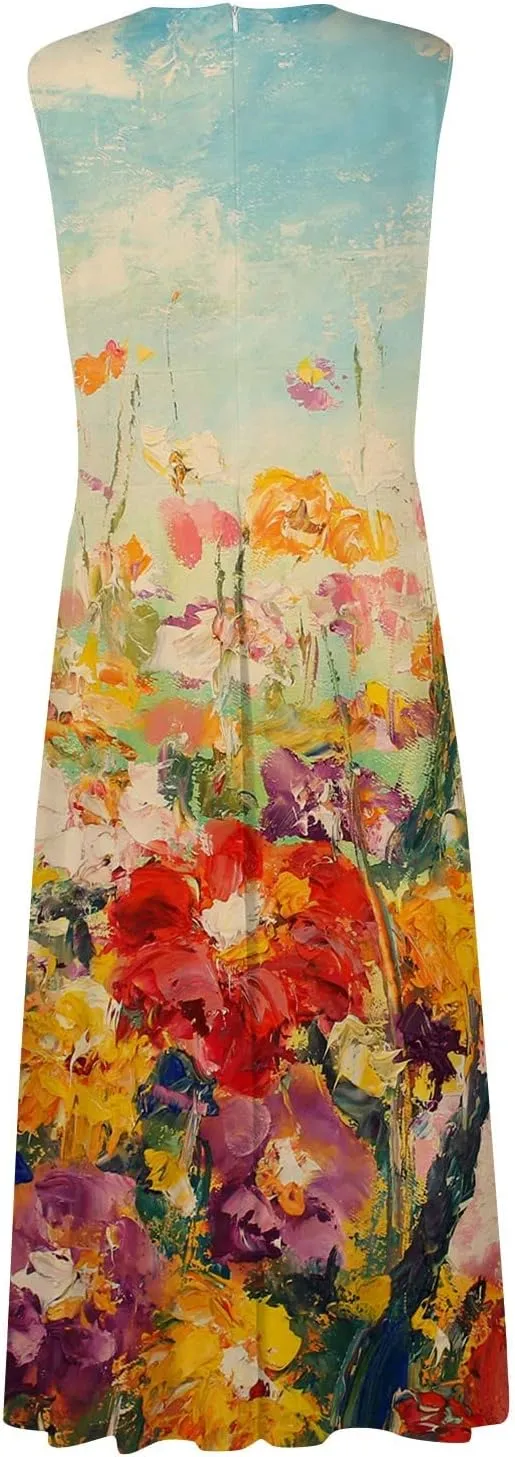 Womens Dresses High Waiste Printed Sundresses Deep V Neck Sleeveless Dresses Flowy Stylish Dresses Retro Maxi Dress