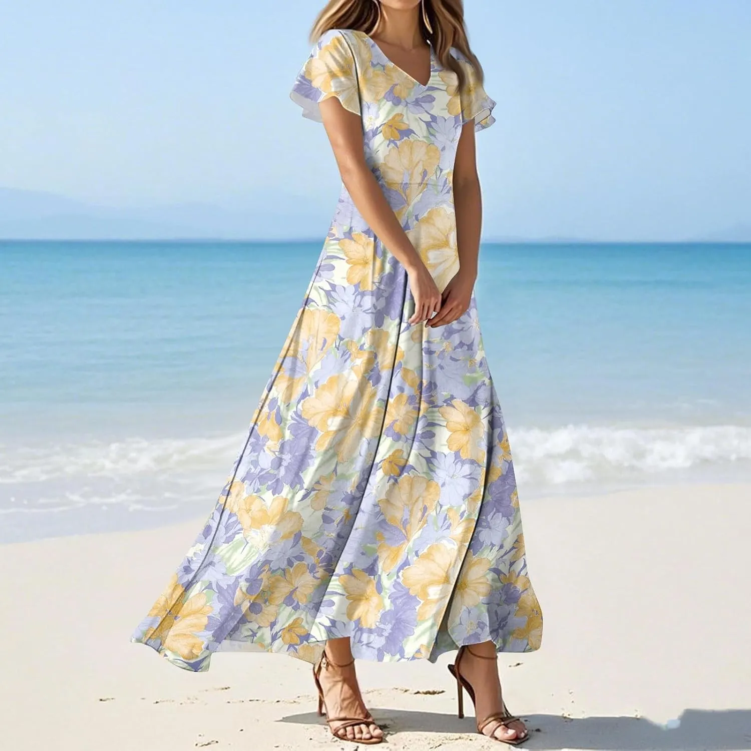 Womens Dresses Summer 2025 Fashion Midi Dress Floral Sleeve V Neck Long Flowy Boho Casual Beach Vacation Dress