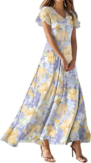 Womens Dresses Summer 2025 Fashion Midi Dress Floral Sleeve V Neck Long Flowy Boho Casual Beach Vacation Dress