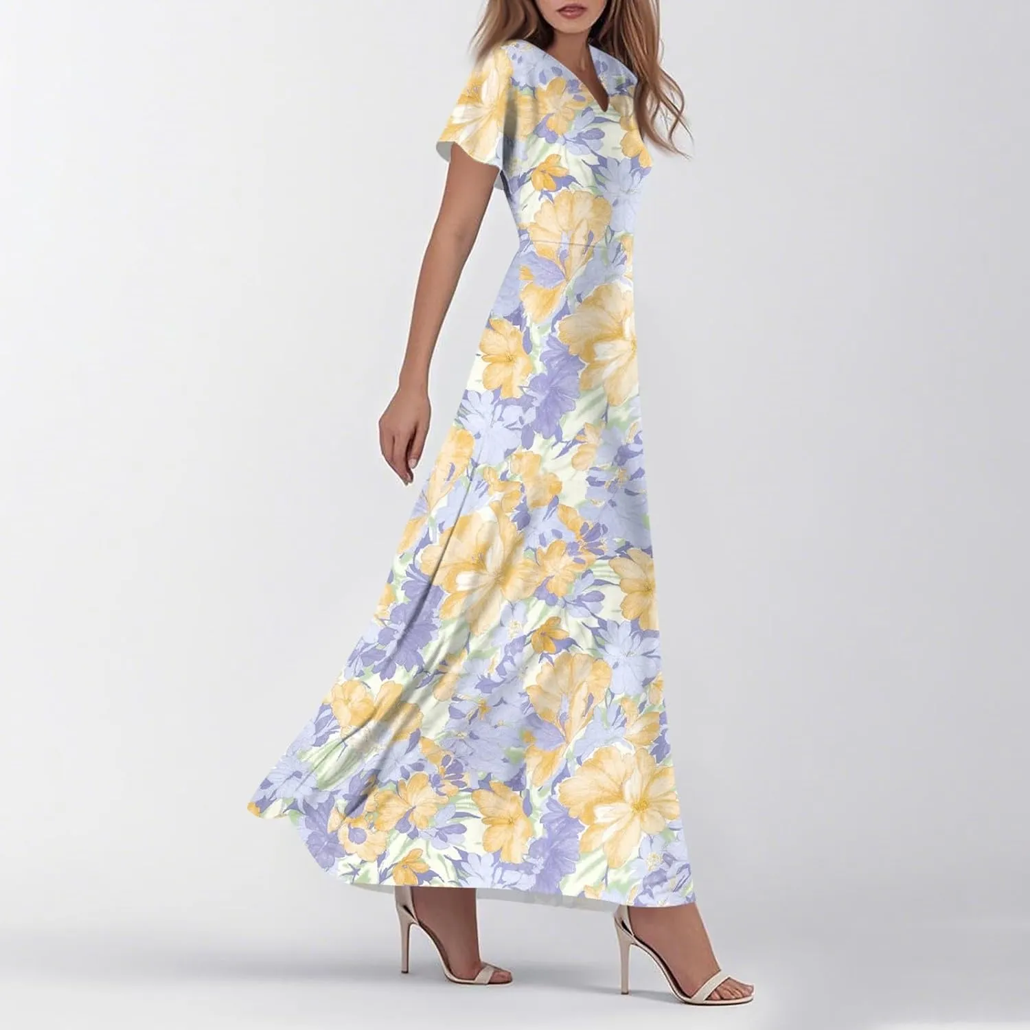 Womens Dresses Summer 2025 Fashion Midi Dress Floral Sleeve V Neck Long Flowy Boho Casual Beach Vacation Dress