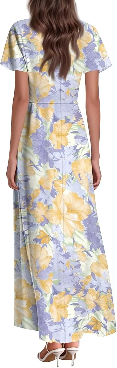 Womens Dresses Summer 2025 Fashion Midi Dress Floral Sleeve V Neck Long Flowy Boho Casual Beach Vacation Dress