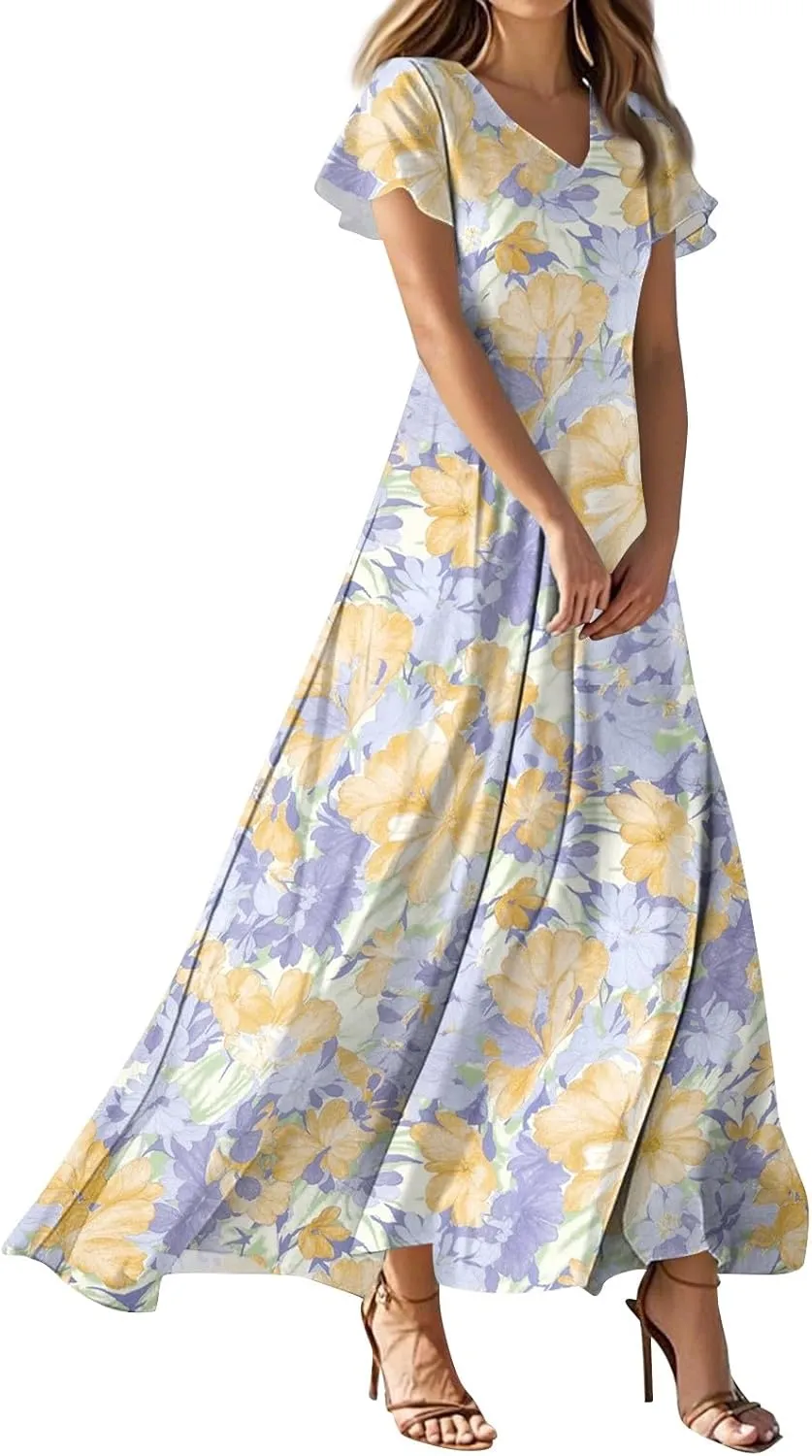 Womens Dresses Summer 2025 Fashion Midi Dress Floral Sleeve V Neck Long Flowy Boho Casual Beach Vacation Dress