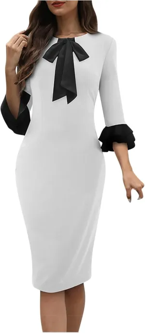 Women's Elegant 3/4 Ruffle Sleeve Dress 50S Vintage Bow Crew Neck Bodycon Work Pencil Office Midi Dress