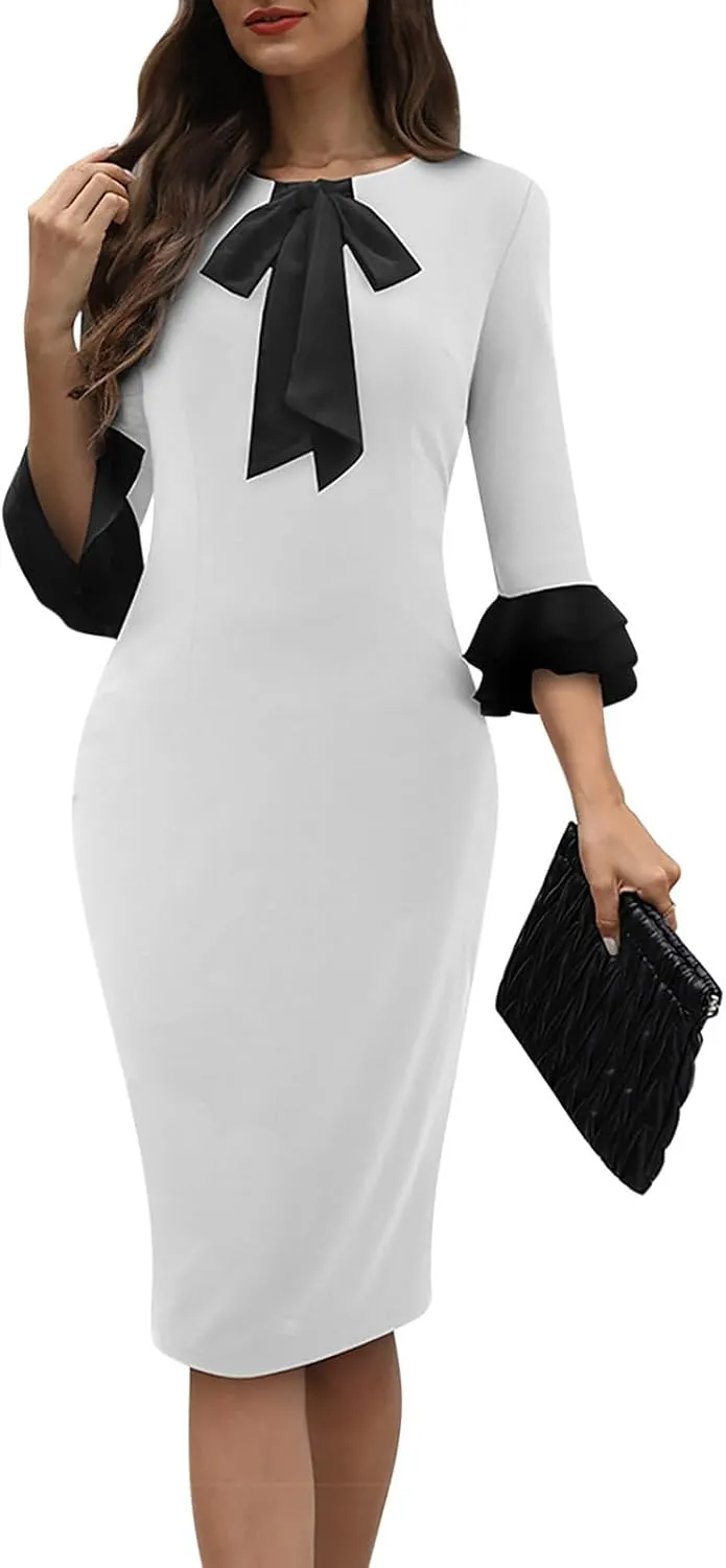Women's Elegant 3/4 Ruffle Sleeve Dress 50S Vintage Bow Crew Neck Bodycon Work Pencil Office Midi Dress