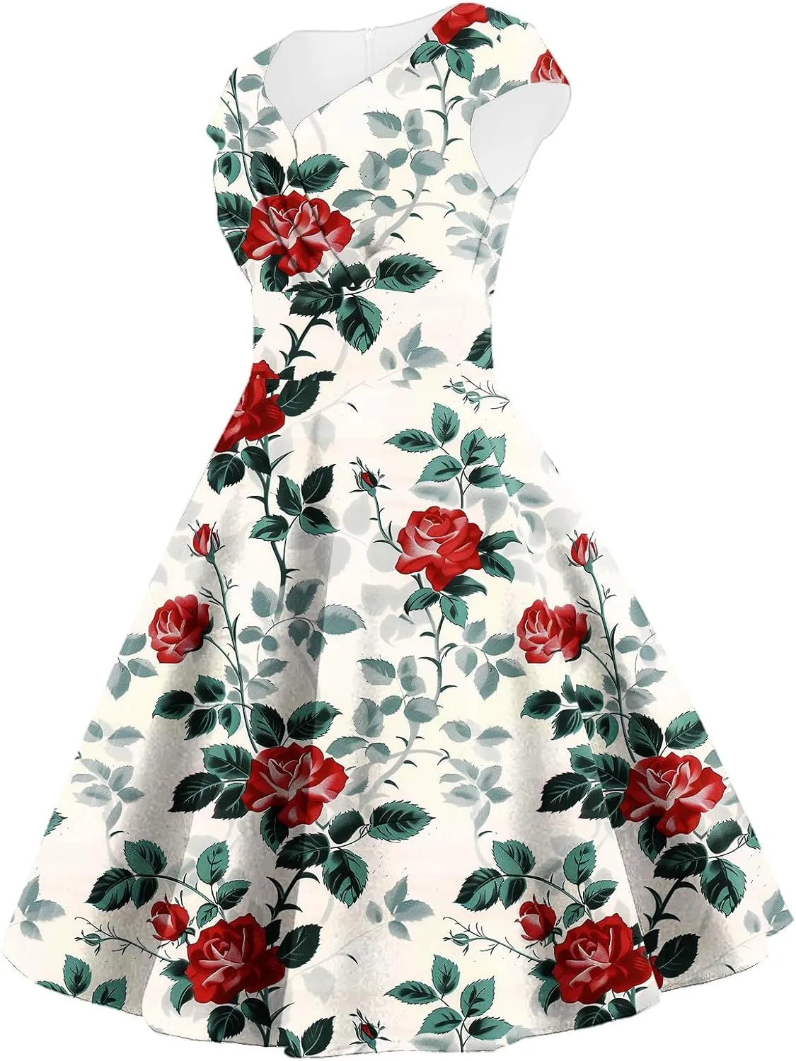Women's Elegant Retro Floral Print Cocktail Dress Audrey Hepburn Style V Neck Cap Sleeve A-Line Swing Dress