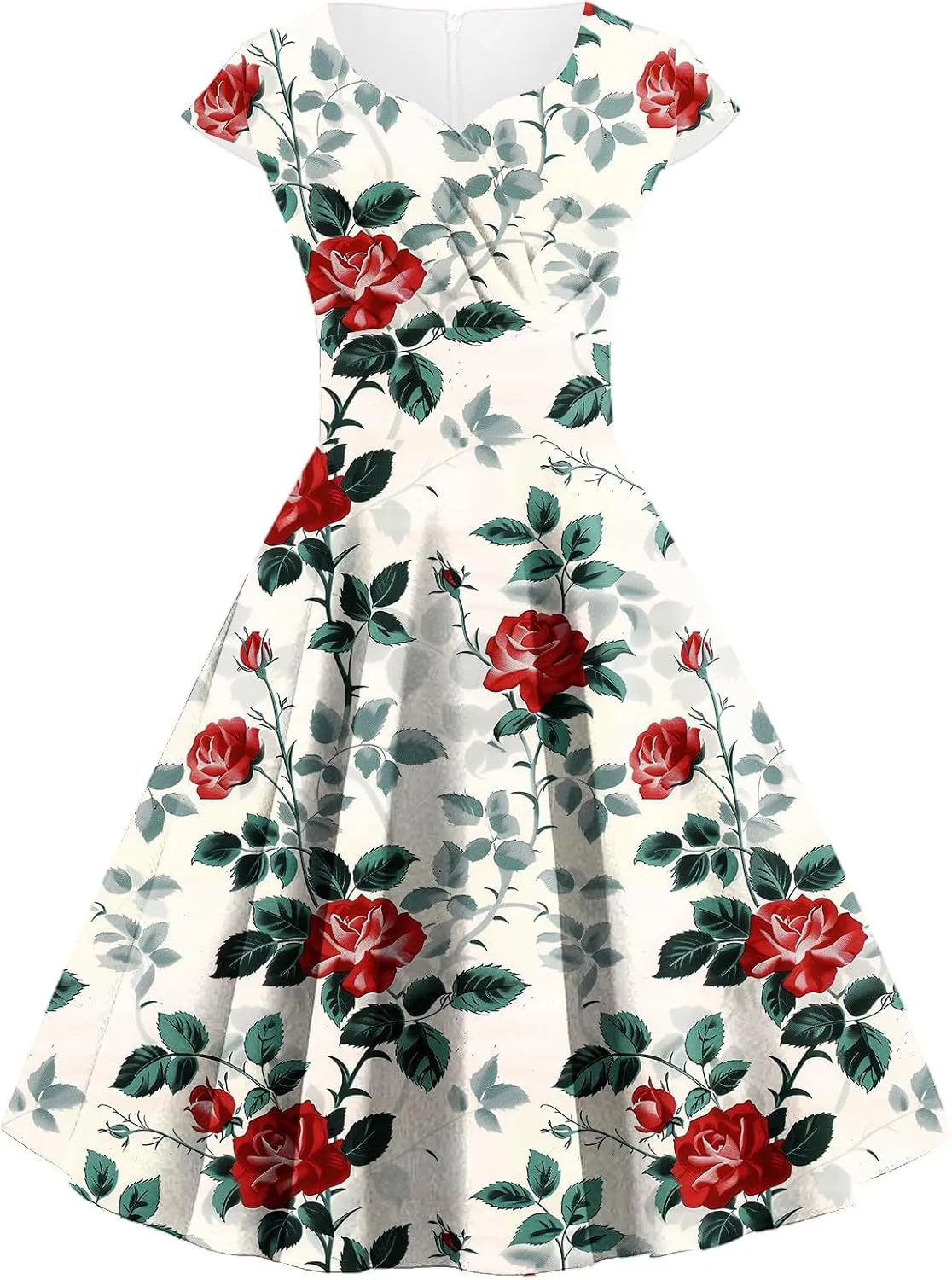 Women's Elegant Retro Floral Print Cocktail Dress Audrey Hepburn Style V Neck Cap Sleeve A-Line Swing Dress