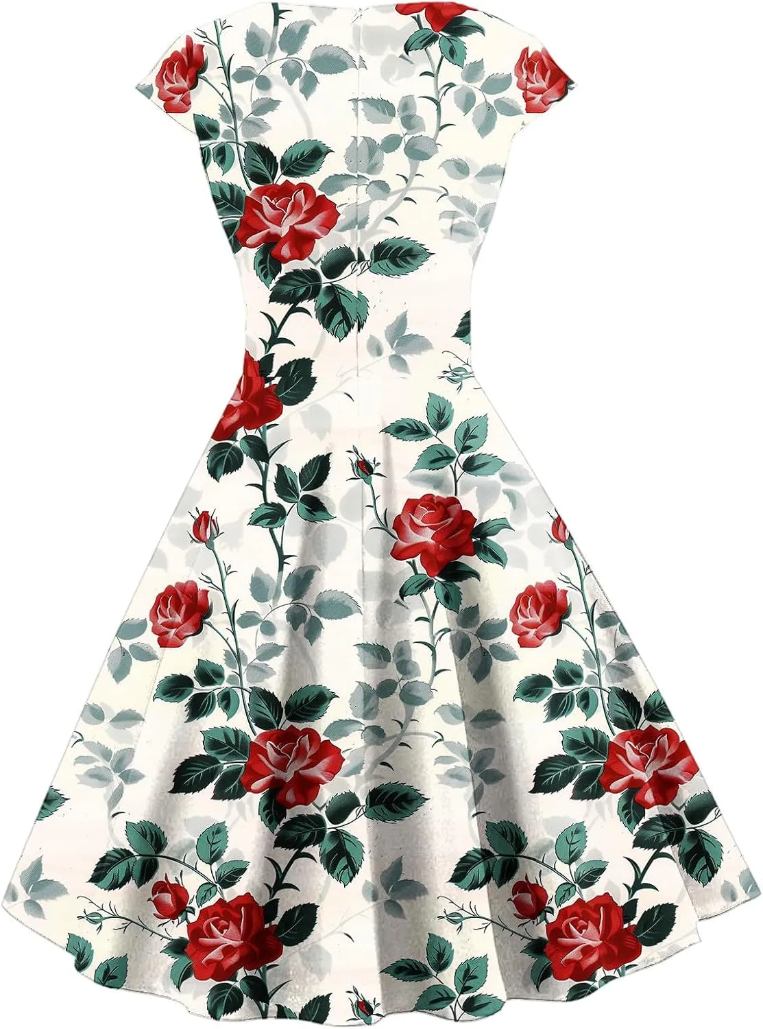 Women's Elegant Retro Floral Print Cocktail Dress Audrey Hepburn Style V Neck Cap Sleeve A-Line Swing Dress