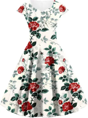 Women's Elegant Retro Floral Print Cocktail Dress Audrey Hepburn Style V Neck Cap Sleeve A-Line Swing Dress