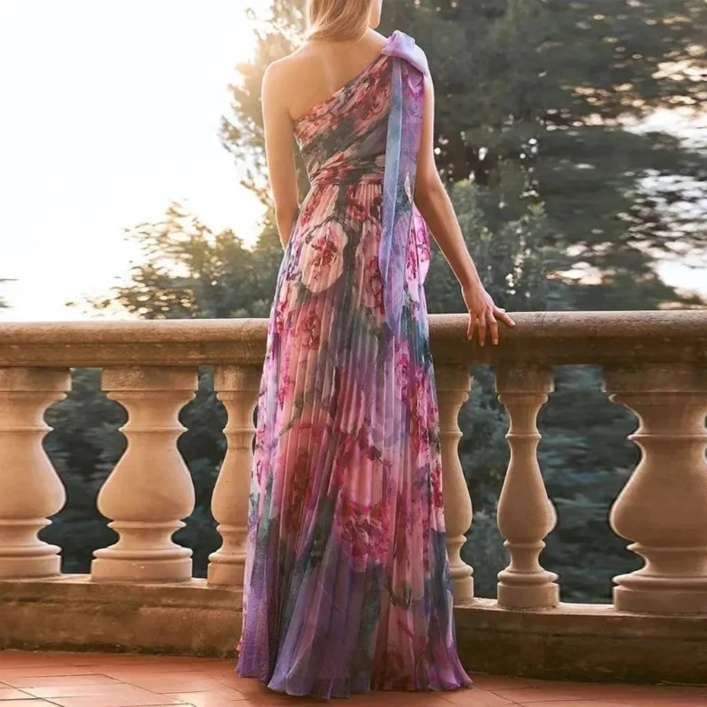 Women's Fashion Floral Pressure Pleated Evening Dresses Long Holiday Style Bridesmaid Dresses Dresses