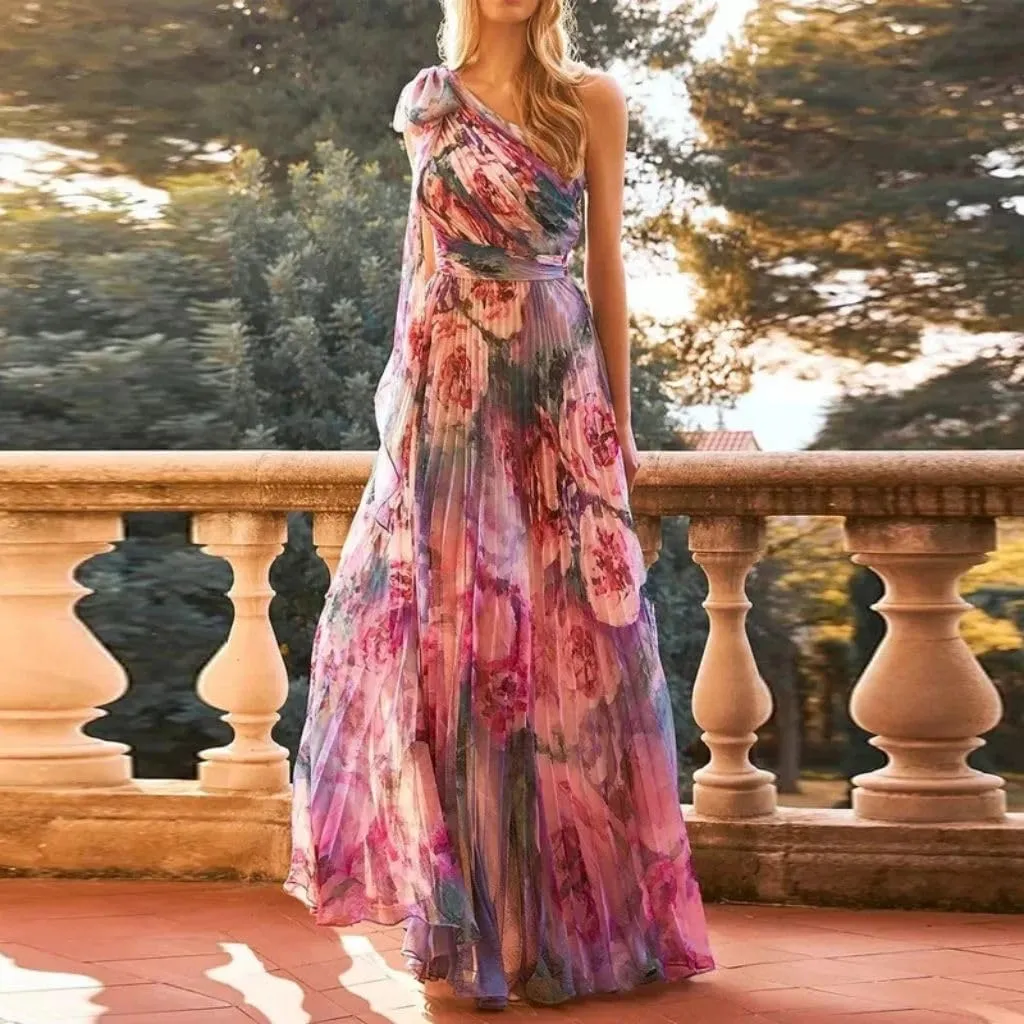 Women's Fashion Floral Pressure Pleated Evening Dresses Long Holiday Style Bridesmaid Dresses Dresses