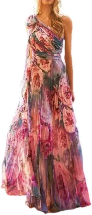 Women's Fashion Floral Pressure Pleated Evening Dresses Long Holiday Style Bridesmaid Dresses Dresses