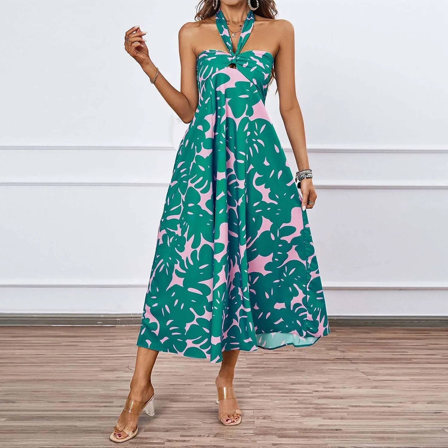 Women's Fashion Halter Dress Floral Print Casual Loose A-line Dresses Summer Trendy Flowy Beach Sundress