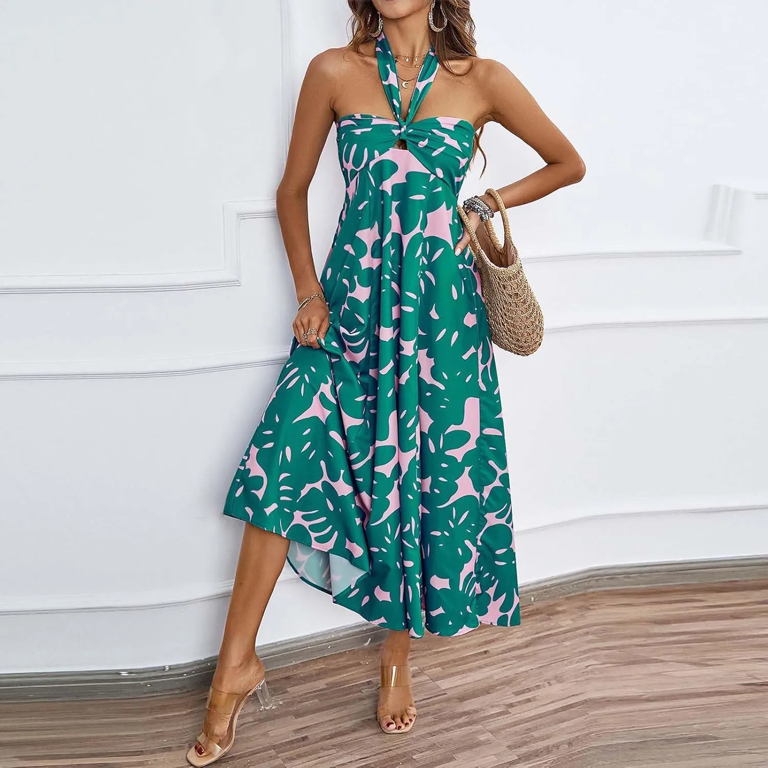 Women's Fashion Halter Dress Floral Print Casual Loose A-line Dresses Summer Trendy Flowy Beach Sundress