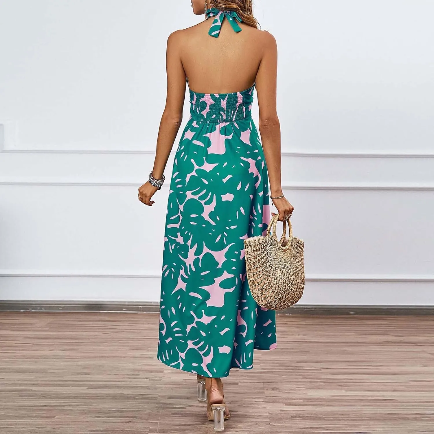 Women's Fashion Halter Dress Floral Print Casual Loose A-line Dresses Summer Trendy Flowy Beach Sundress