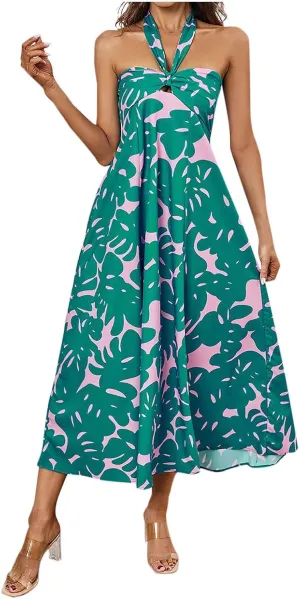Women's Fashion Halter Dress Floral Print Casual Loose A-line Dresses Summer Trendy Flowy Beach Sundress