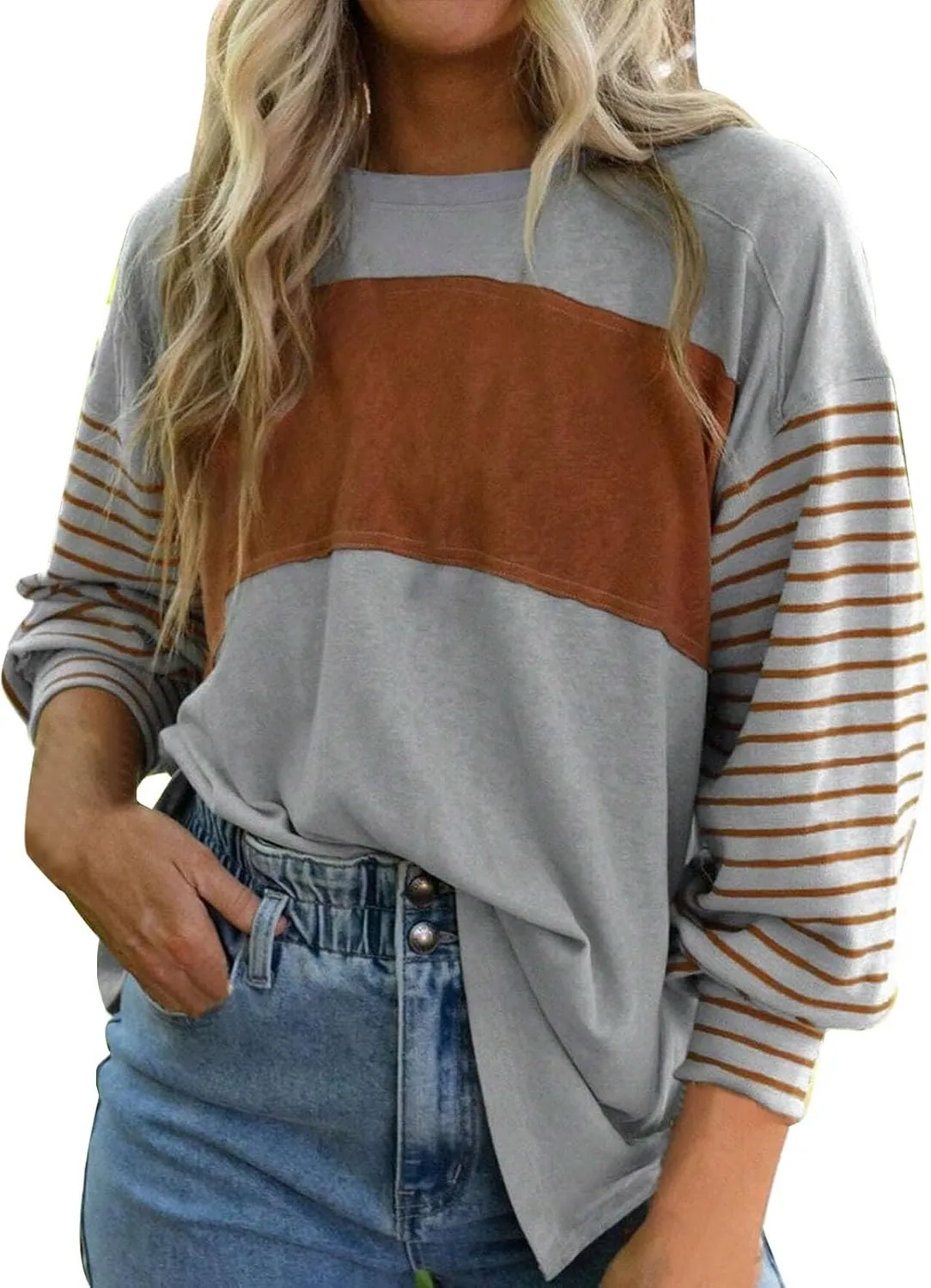 Womens Fashion Sweatshirts Color Block Striped Long Sleeve Crewneck Drop Shoulder Pullover Tops Loose Fit Sports Tops