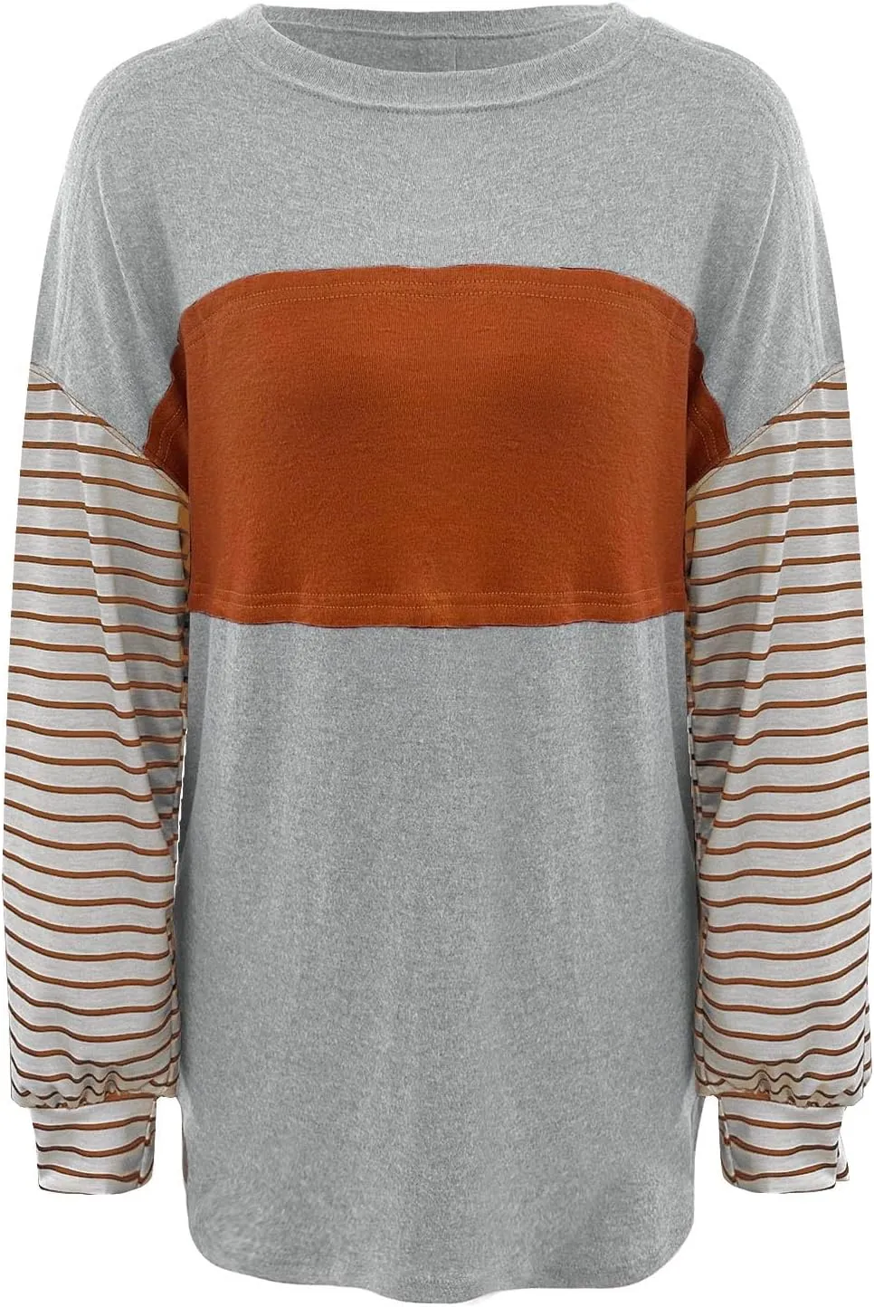Womens Fashion Sweatshirts Color Block Striped Long Sleeve Crewneck Drop Shoulder Pullover Tops Loose Fit Sports Tops