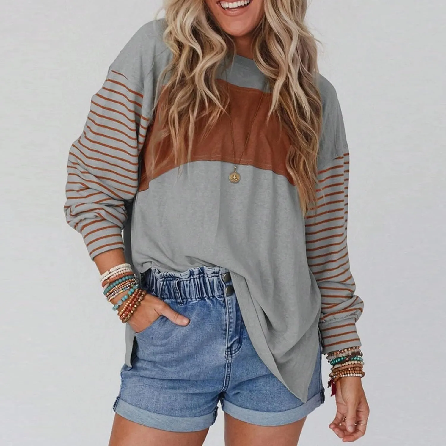 Womens Fashion Sweatshirts Color Block Striped Long Sleeve Crewneck Drop Shoulder Pullover Tops Loose Fit Sports Tops