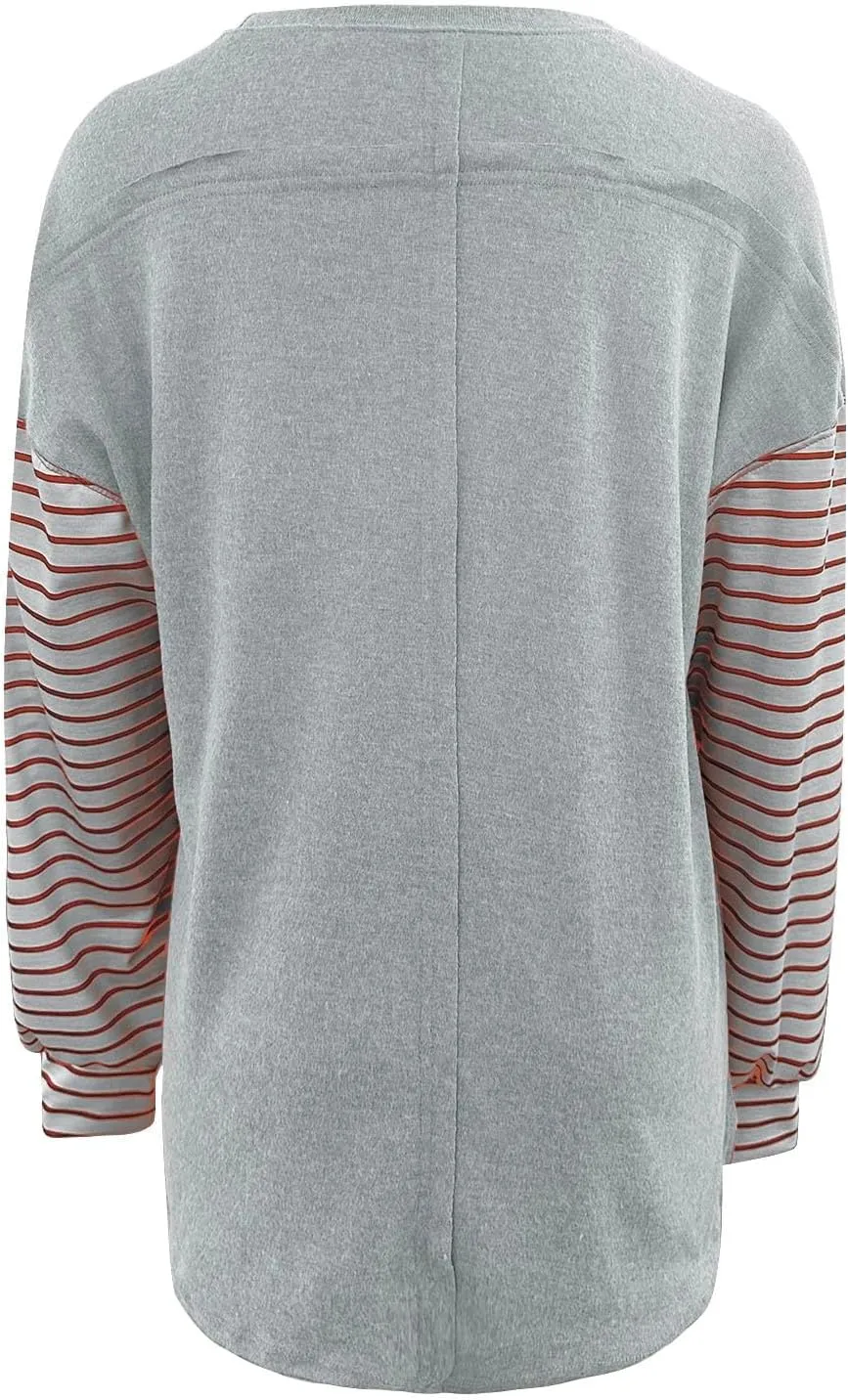 Womens Fashion Sweatshirts Color Block Striped Long Sleeve Crewneck Drop Shoulder Pullover Tops Loose Fit Sports Tops