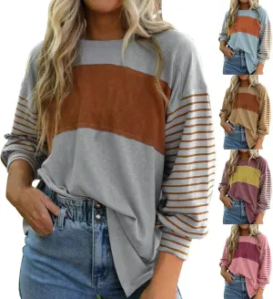 Womens Fashion Sweatshirts Color Block Striped Long Sleeve Crewneck Drop Shoulder Pullover Tops Loose Fit Sports Tops
