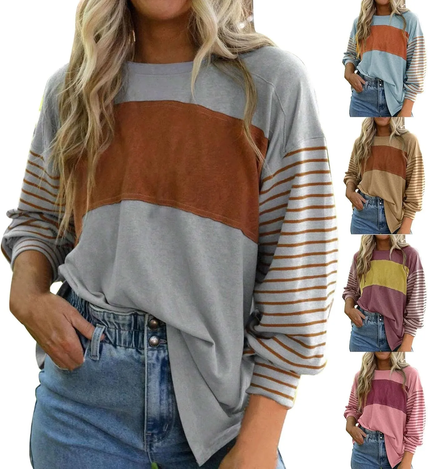 Womens Fashion Sweatshirts Color Block Striped Long Sleeve Crewneck Drop Shoulder Pullover Tops Loose Fit Sports Tops
