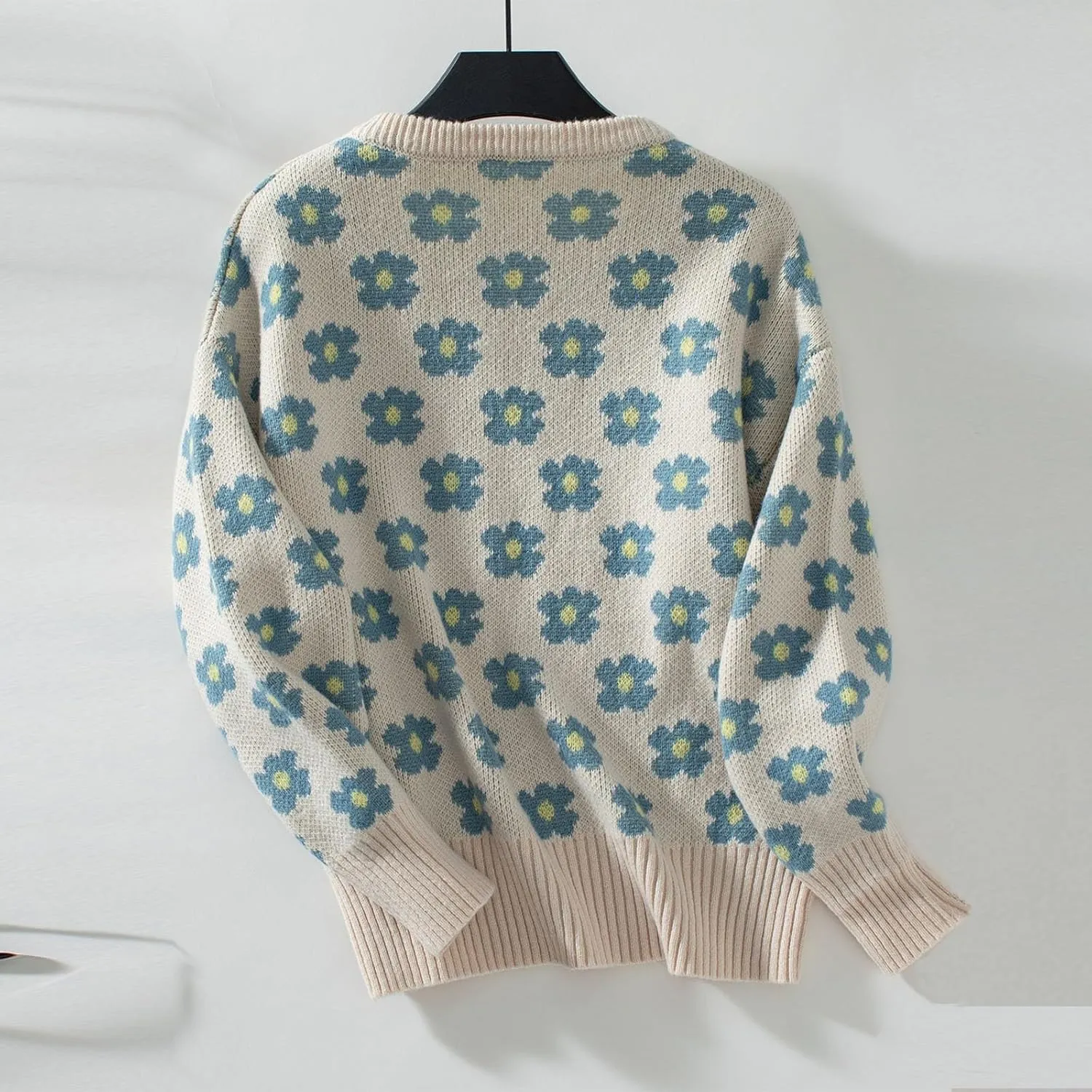 Women's Floral Print Cable Knit Sweater 2024 Fashion Oversized Long Sleeve V Neck Casual Loose Pullover Sweaters Tops