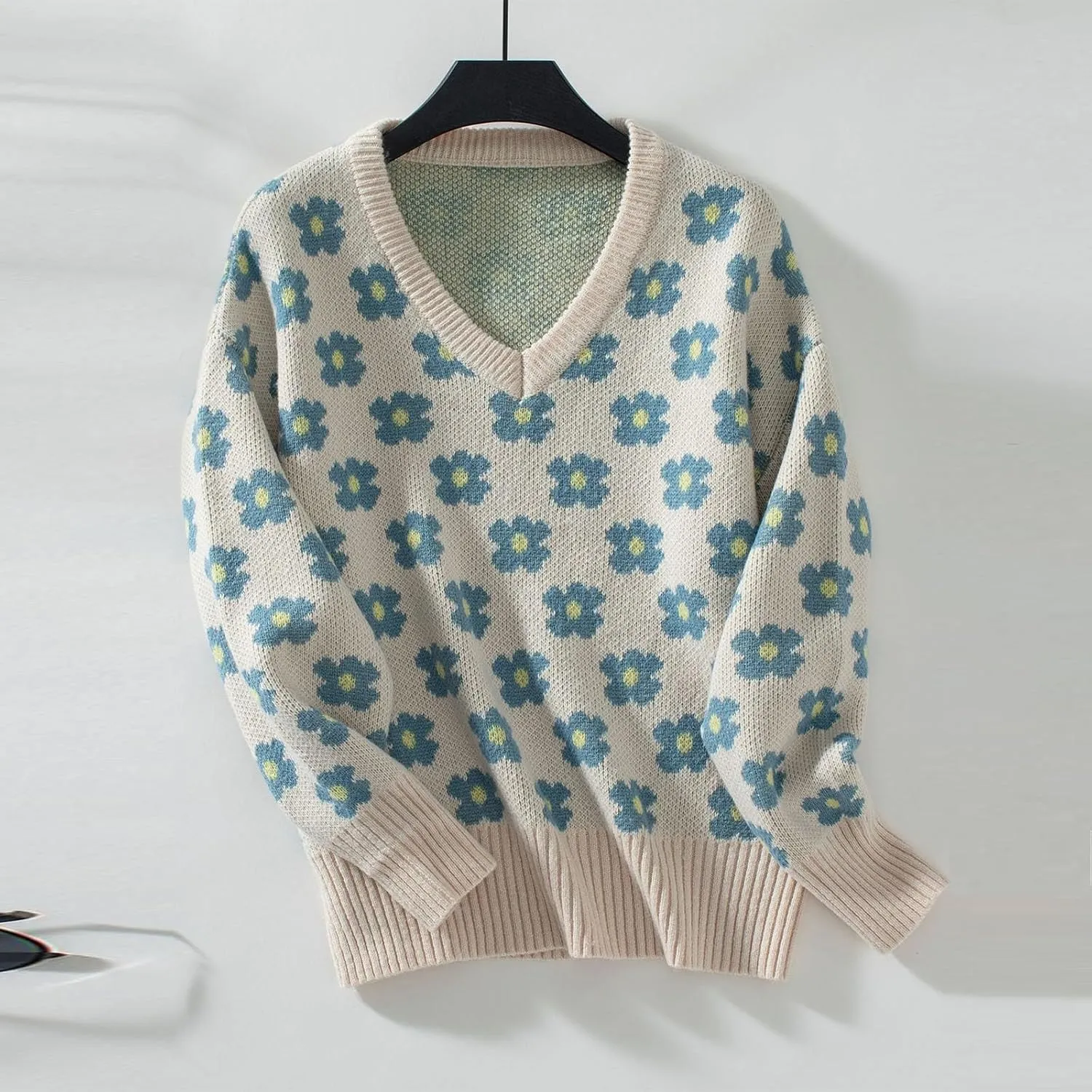 Women's Floral Print Cable Knit Sweater 2024 Fashion Oversized Long Sleeve V Neck Casual Loose Pullover Sweaters Tops