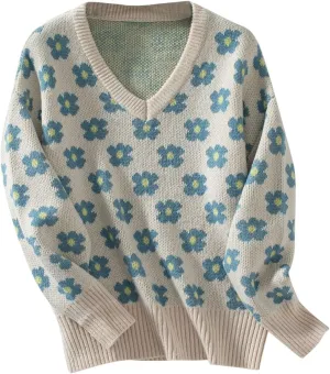 Women's Floral Print Cable Knit Sweater 2024 Fashion Oversized Long Sleeve V Neck Casual Loose Pullover Sweaters Tops