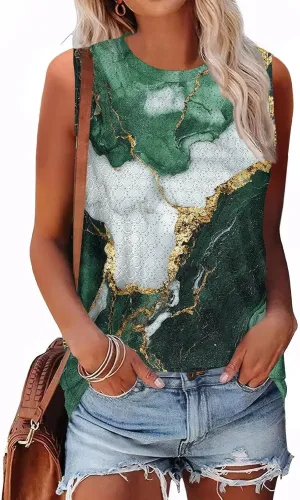 Womens Flower Print Crewneck Tank Tops Graphic Curved Hem Sleeveless Tops Summer Casual Loose Fit Shirts 2025