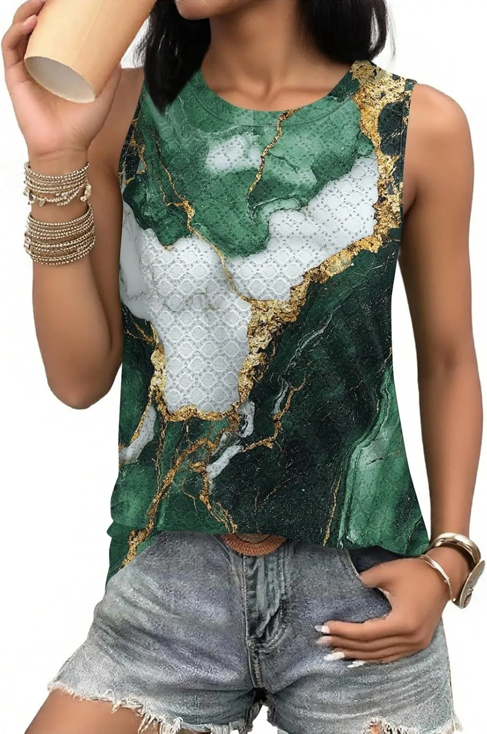 Womens Flower Print Crewneck Tank Tops Graphic Curved Hem Sleeveless Tops Summer Casual Loose Fit Shirts 2025