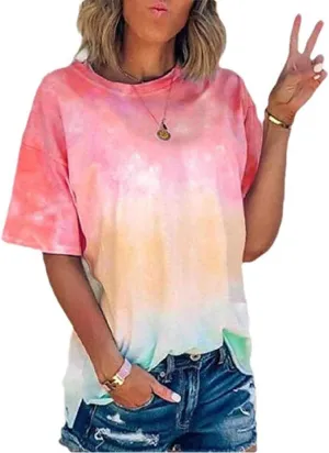 Womens Gradient Tie Dye Short Sleeve T-Shirt Shirt Casual Crewneck Tee Tops Shirts Summer Vacation Tshirts Tees Tops
