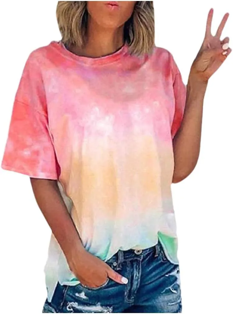 Womens Gradient Tie Dye Short Sleeve T-Shirt Shirt Casual Crewneck Tee Tops Shirts Summer Vacation Tshirts Tees Tops