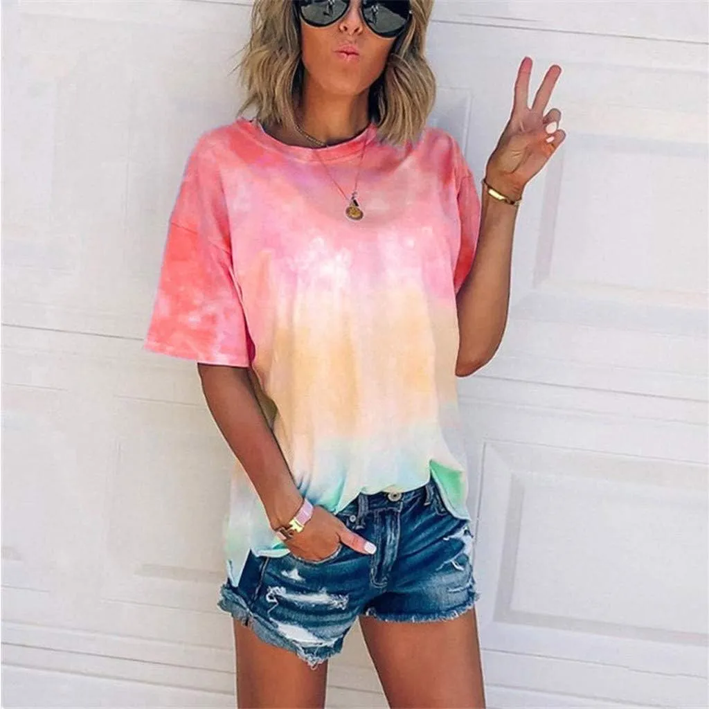 Womens Gradient Tie Dye Short Sleeve T-Shirt Shirt Casual Crewneck Tee Tops Shirts Summer Vacation Tshirts Tees Tops
