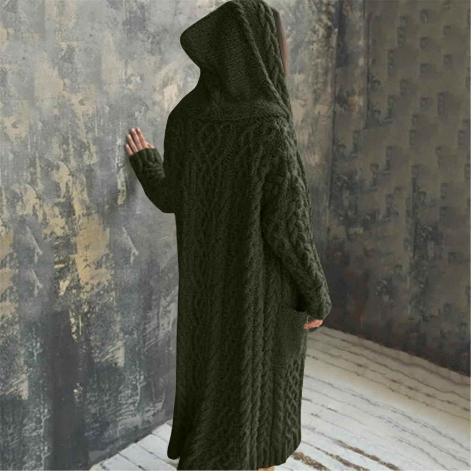 Womens Hooded Long Cardigan Cable Knitted Open Front Sweaters Solid Color Loose Fit Chunky Outwear Coats with Pockets