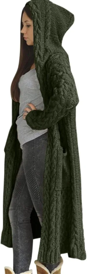 Womens Hooded Long Cardigan Cable Knitted Open Front Sweaters Solid Color Loose Fit Chunky Outwear Coats with Pockets