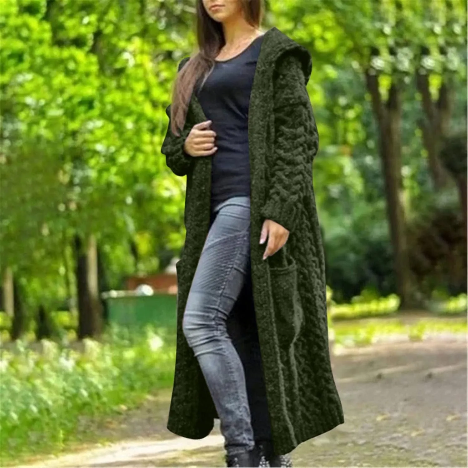 Womens Hooded Long Cardigan Cable Knitted Open Front Sweaters Solid Color Loose Fit Chunky Outwear Coats with Pockets