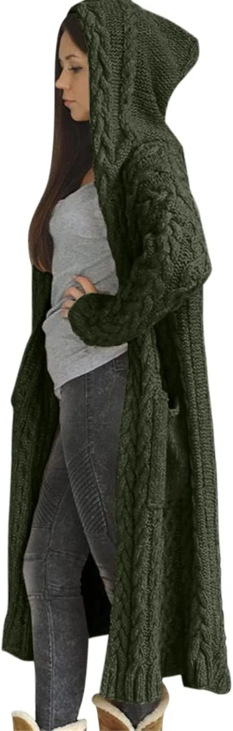 Womens Hooded Long Cardigan Cable Knitted Open Front Sweaters Solid Color Loose Fit Chunky Outwear Coats with Pockets