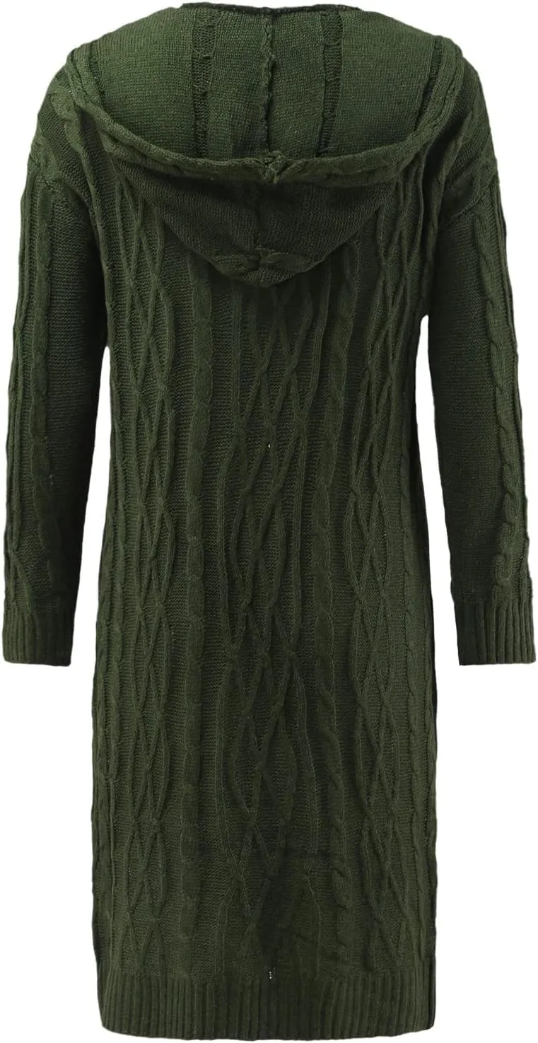 Womens Hooded Long Cardigan Cable Knitted Open Front Sweaters Solid Color Loose Fit Chunky Outwear Coats with Pockets