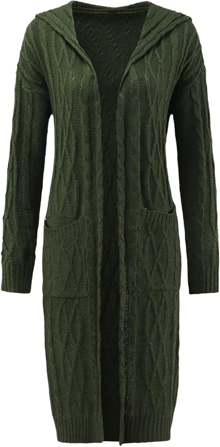 Womens Hooded Long Cardigan Cable Knitted Open Front Sweaters Solid Color Loose Fit Chunky Outwear Coats with Pockets