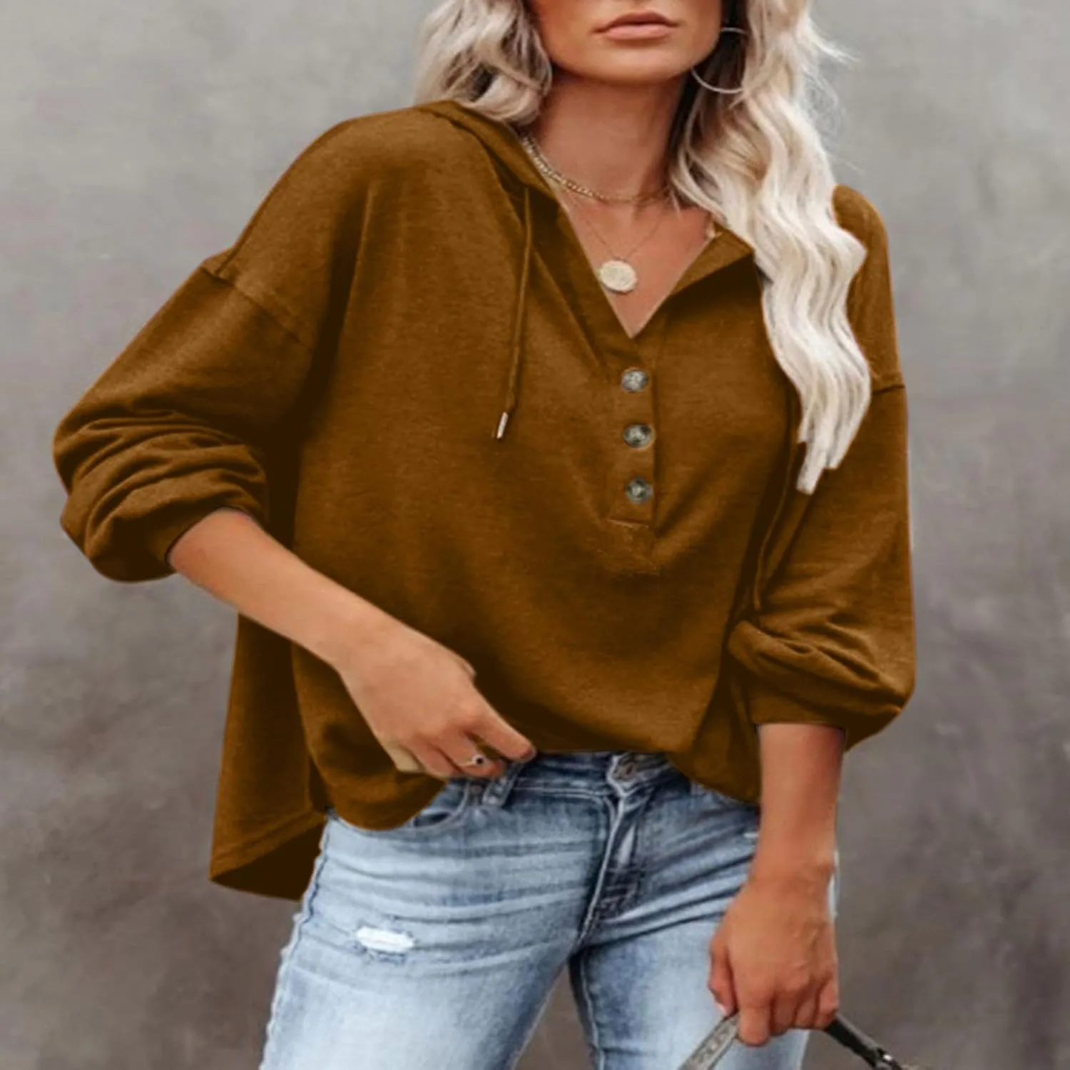 Womens Hoodies Loose Fit Sweatshirt Casual Long Sleeve Button V Neck Shirts Pullover Tops Fashion Cute Blouse Tops