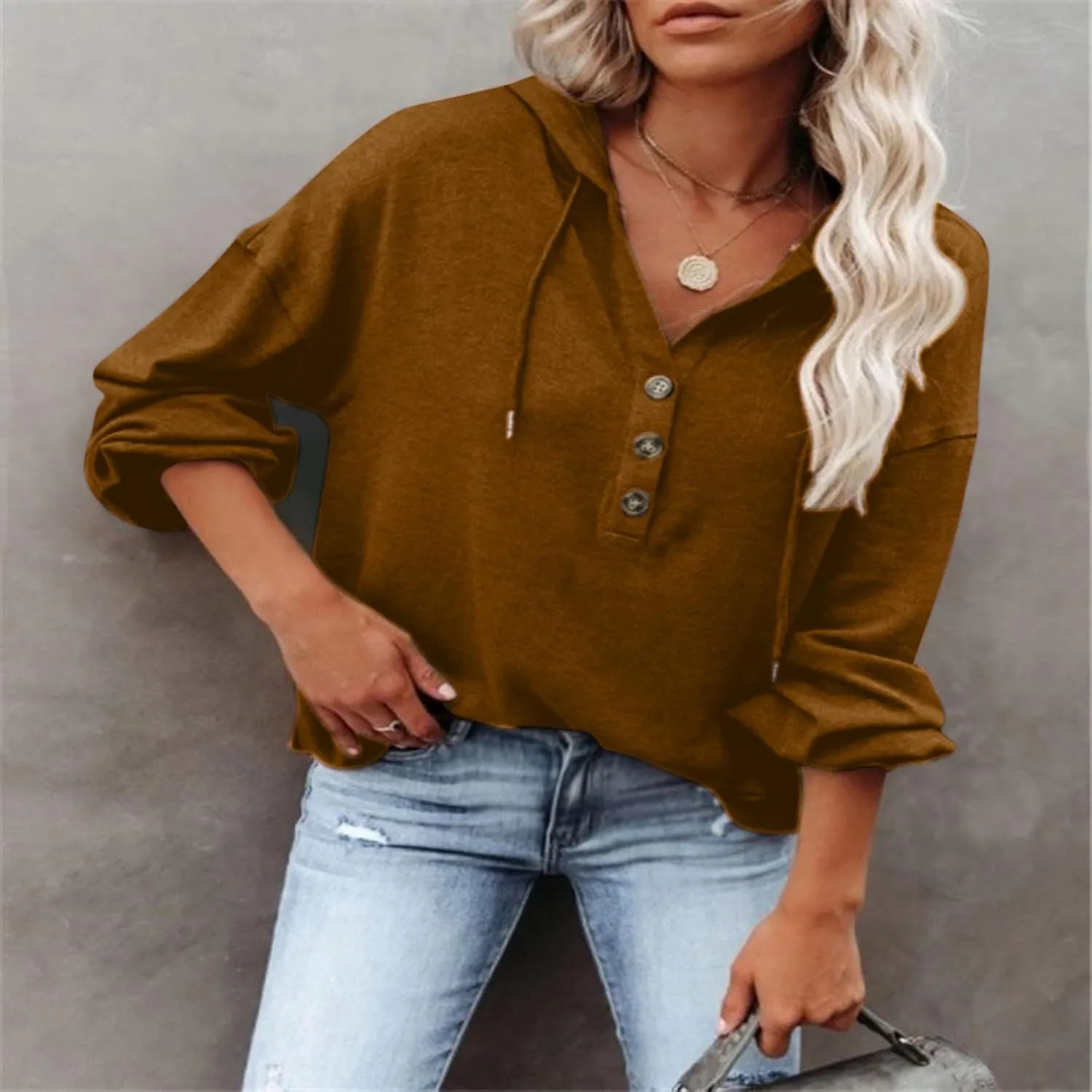 Womens Hoodies Loose Fit Sweatshirt Casual Long Sleeve Button V Neck Shirts Pullover Tops Fashion Cute Blouse Tops