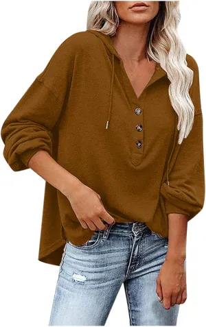 Womens Hoodies Loose Fit Sweatshirt Casual Long Sleeve Button V Neck Shirts Pullover Tops Fashion Cute Blouse Tops