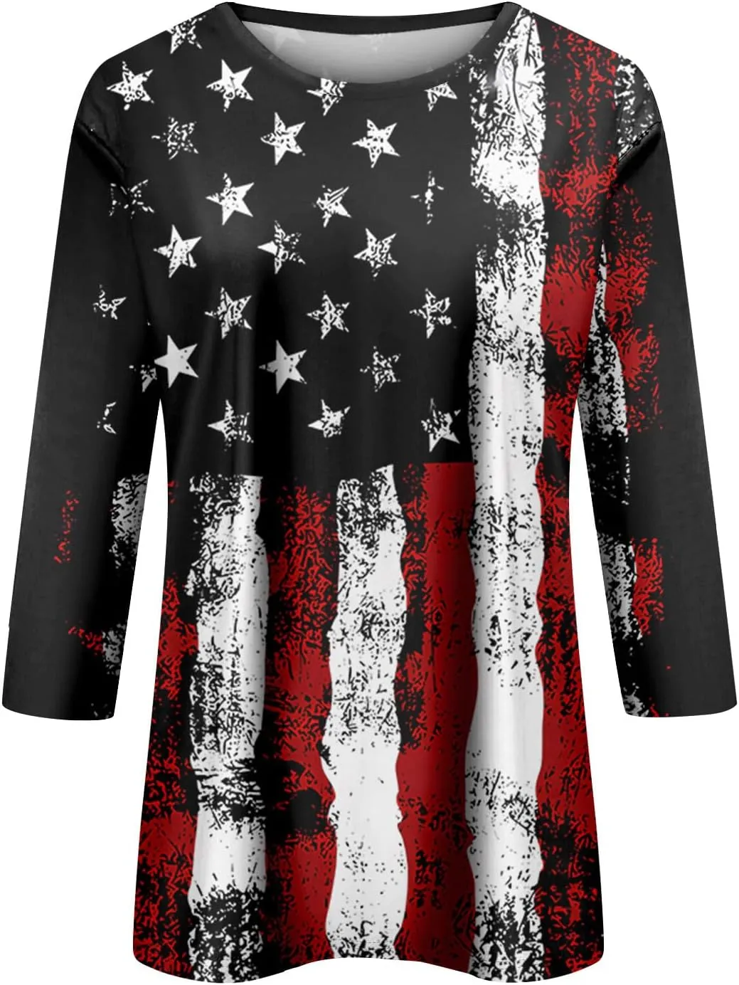 Womens July 4th Loose Trendy 3/4 Sleeve Shirts Independence Day Patriotic Casual Tops USA Flag Stars Stripes Blouse