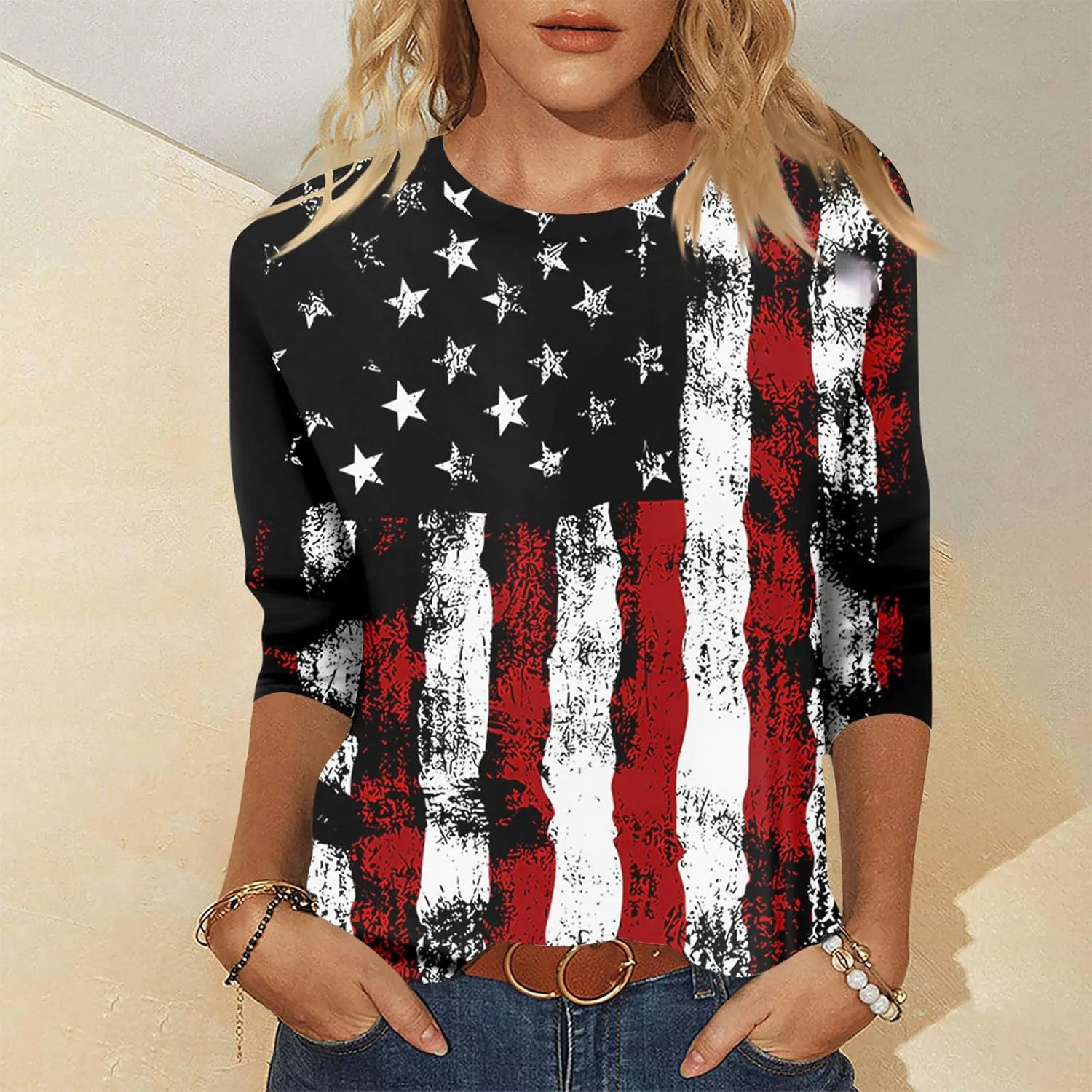 Womens July 4th Loose Trendy 3/4 Sleeve Shirts Independence Day Patriotic Casual Tops USA Flag Stars Stripes Blouse