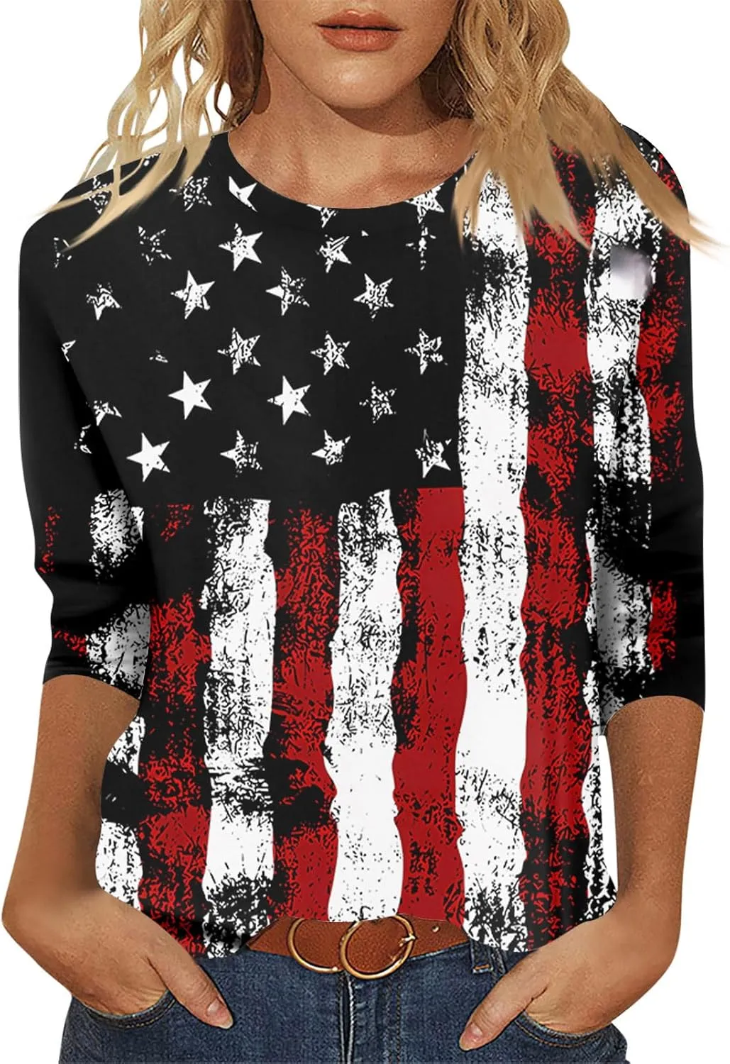 Womens July 4th Loose Trendy 3/4 Sleeve Shirts Independence Day Patriotic Casual Tops USA Flag Stars Stripes Blouse