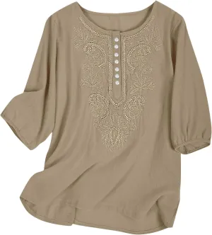 Women's Linen Tops 3/4 Sleeve T Shirts Summer Mexican Floral Embroidery Tunic Tops Casual Crewneck Blouse Oversized