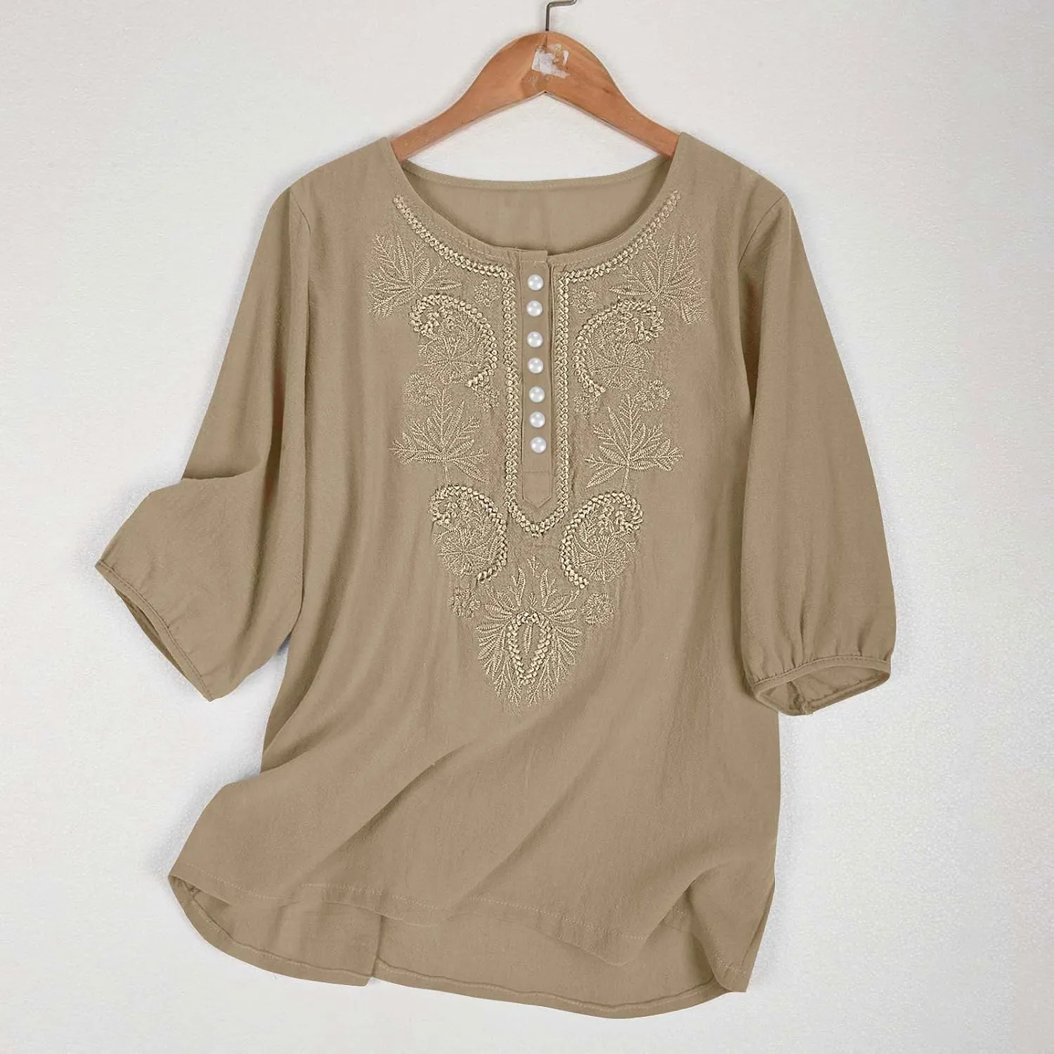 Women's Linen Tops 3/4 Sleeve T Shirts Summer Mexican Floral Embroidery Tunic Tops Casual Crewneck Blouse Oversized