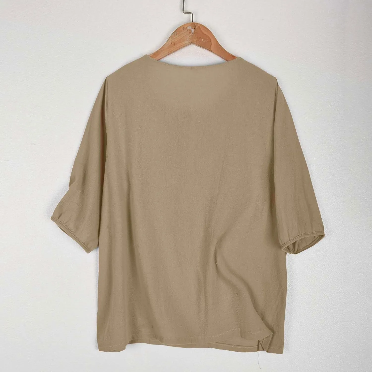 Women's Linen Tops 3/4 Sleeve T Shirts Summer Mexican Floral Embroidery Tunic Tops Casual Crewneck Blouse Oversized