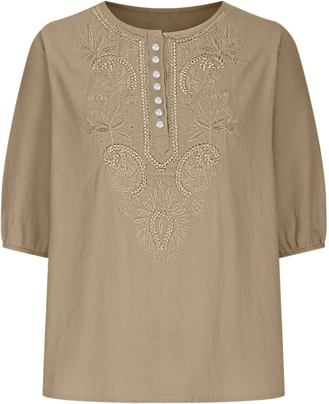Women's Linen Tops 3/4 Sleeve T Shirts Summer Mexican Floral Embroidery Tunic Tops Casual Crewneck Blouse Oversized