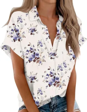 Womens Linen Tops Cotton Womens Short Sleeve Shirts V Neck Collared Down Blouse Tops Oversized Button Down Shirt